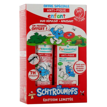 Anti-pique schtroumpfs d&egrave;s 3 ans Puressentiel - coffret r&eacute;pulsif + apaisant + un frisbee offert
