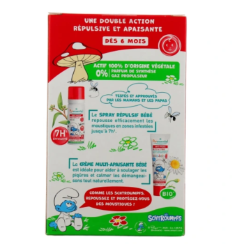 Anti-pique schtroumpfs b&eacute;b&eacute; d&egrave;s 6 mois Puressentiel - coffret r&eacute;pulsif + apaisant + un bavoir offert