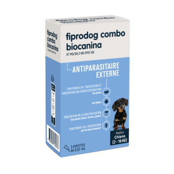 Fiprodog combo 67 mg/60,3 mg antiparasitaire externe petits chiens (2-10kg) Biocanina - bo&icirc;te de 3 pipettes de 0,67ml