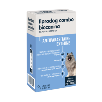 Fiprodog combo 134 mg/120,6 mg antiparasitaire externe moyens chiens (10-20kg) Biocanina - bo&icirc;te de 3 pipettes de 1,34ml