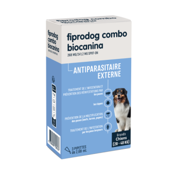Fiprodog combo 268 mg/241,2 mg antiparasitaire externe grands chiens (20-40kg) Biocanina - bo&icirc;te de 3 pipettes de 2,68ml