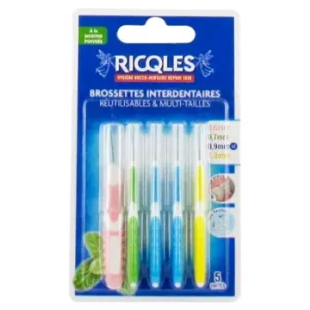 Brossettes interdentaires multi-tailles &agrave; la menthe poivr&eacute;e Ricqles - lot de 5 brossettes