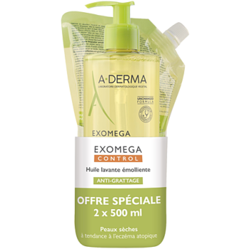 Exomega Control Huile lavante &eacute;molliente anti-grattage A-derma - flacon-pompe et recharge de 500ml