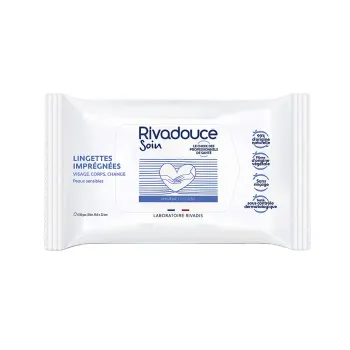 Lingettes impr&eacute;gn&eacute;es peaux sensibles Rivadouce - pack de 50 lingettes