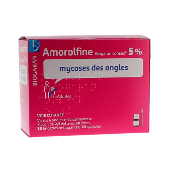 Amorolfine 5% mycoses des ongles Biogaran Conseil - 1 vernis &agrave; ongles m&eacute;dicamenteux de 2,5ml avec 30 limes