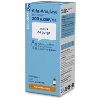 Alfa-amylase Sirop maux de gorge ar&ocirc;me mandarine Biogaran - flacon de 200ml