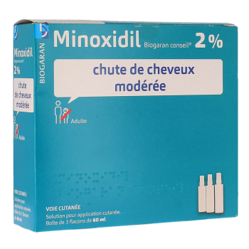 Minoxidil chute de cheveux mod&eacute;r&eacute;e 2% Biogaran - boite de 3 flacons de 60ml