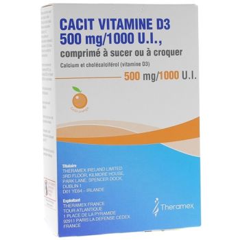 Cacit Vitamine D3 500 mg/1000 UI - bo&icirc;te de 30 comprim&eacute;s &agrave; croquer ou sucer