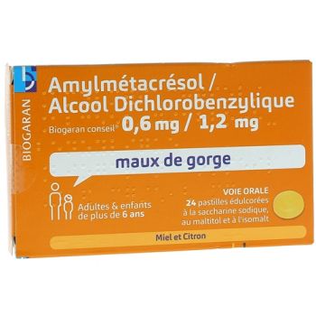 Amylm&eacute;tacr&eacute;sol/Alcool Dichlorobenzylique Biogaran Conseil - bo&icirc;te de 24 pastilles &eacute;dulcor&eacute;es
