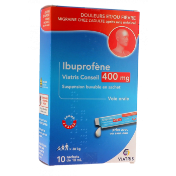 Ibuprof&egrave;ne 400mg ar&ocirc;me fraise Viatris - bo&icirc;te de 10 sachets de 10ml