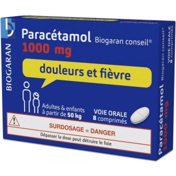 Parac&eacute;tamol 1000mg douleurs et fi&egrave;vre Biogaran - une boite de 8 comprim&eacute;s 