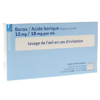 Borax Acide borique Biogaran solution pour lavage ophtalmique - bo&icirc;te de 20 unidoses de 5ml