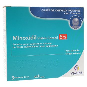 Minoxidil conseils 5% Viatris - bo&icirc;te de 3 flacons de 60ml
