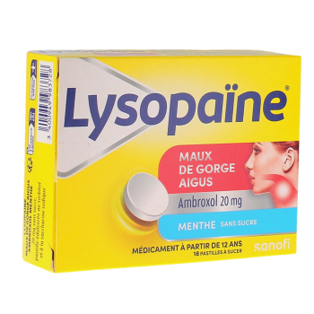 Lysopa&iuml;ne sans sucre maux de gorge aigus menthe 20mg - boite de 18 pastilles &agrave; sucer