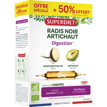 Radis noir / Artichaut bio Super Diet - bo&icirc;te de 30 ampoules de 15 ml offre sp&eacute;ciale +50% offert