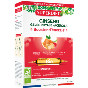 Ginseng gel&eacute;e royale ac&eacute;rola bio Super Diet - boite de 20 ampoules de 10ml