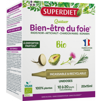 Quatuor Bien-&ecirc;tre du foie bio Superdiet - bo&icirc;te de 20 unidoses de 15ml