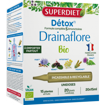 Drainaflore d&eacute;tox bio Superdiet - bo&icirc;te de 20 unidoses de 15ml
