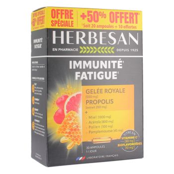 Syst&egrave;me immunitaire r&eacute;duction de la fatigue Herbesan - Boite de 20 ampoules + 10 offertes