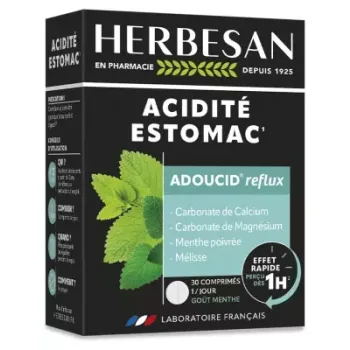 Adoucid reflux acidit&eacute; estomac go&ucirc;t menthe Herbesan - boite de 30 comprim&eacute;s &agrave; croquer