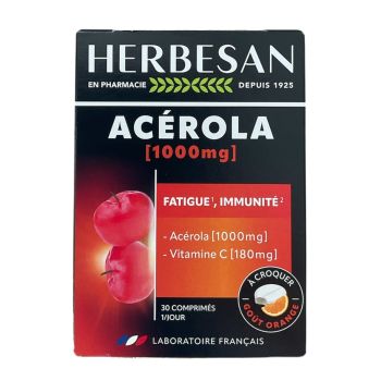 Ac&eacute;rola 1000 g + vitamine C 180mg go&ucirc;t orange Herbesan - boite de 30 comprim&eacute;s &agrave; croquer