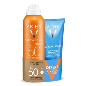 Capital Soleil brume hydratante invisible SPF50+ Vichy - spray de 200ml + lait apr&egrave;s-soleil 100ml offert