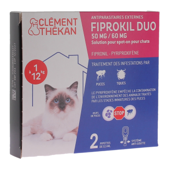 Fiprokil duo antiparasitaire chats 1 &agrave; 12kg 50/60mg Cl&eacute;ment th&eacute;kan - boite de 2 pipettes de 0,5ml
