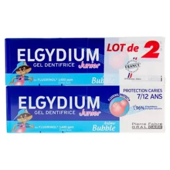 Dentifrice au fluorinol 7-12 ans go&ucirc;t bubble Elgydium Junior - lot de 2 tubes de 50ml