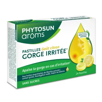 Pastilles gorge irrit&eacute;e sans sucre ar&ocirc;me citron Phytosun ar&ocirc;ms - boite de 24 pastilles