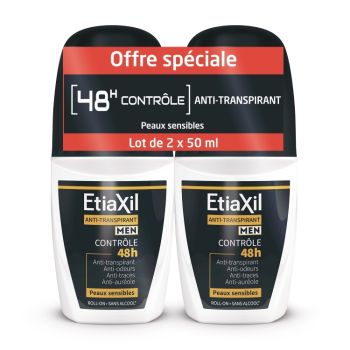 D&eacute;odorant homme anti-transpirant contr&ocirc;le 48h Etiaxil - lot de 2 roll-on de 50ml