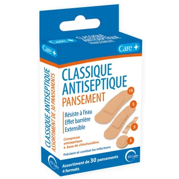 Pansements classiques antiseptiques 4 formats Care+ EG Labo - boite de 30 pansements