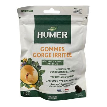 Gommes gorge irrit&eacute;e Menthe-eucalyptus sans sucre Humer - sachet de 30 gommes