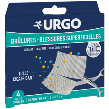 Tulles st&eacute;riles cicatrisants br&ucirc;lures et blessures superficielles Urgo - bo&icirc;te de 4 tulles 8x8 cm