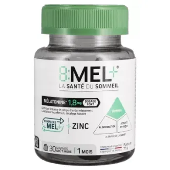8 MEL+ gummies m&eacute;latonine 1,8mg go&ucirc;t m&ucirc;re - pot de 30 gommes