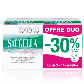Cotton Touch Serviettes extra-fines avec ailettes jour Saugella - lot de 2 bo&icirc;tes de 14 serviettes