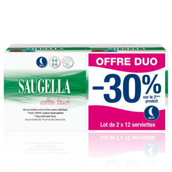 Cotton Touch Serviettes extra-fines avec ailettes nuit Saugella - lot de 2 bo&icirc;tes de 12 serviettes
