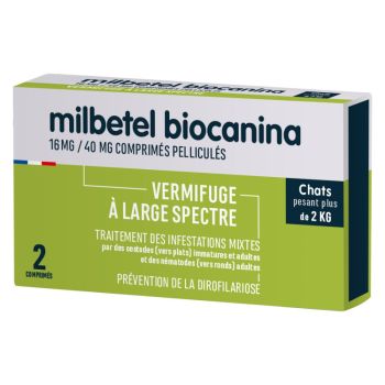 Milbetel Vermifuge chats 16 mg/40 mg Biocanina - bo&icirc;te de 2 comprim&eacute;s