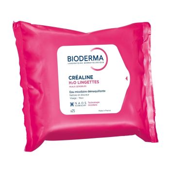 Cr&eacute;aline H2O lingettes d&eacute;maquillante peaux sensibles Bioderma - 25 grandes lingettes