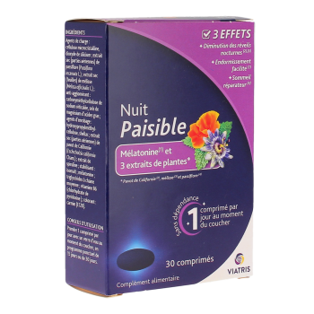 Nuit paisible m&eacute;latonine et 3 extraits de plantes Viatris - boite de 30 comprim&eacute;s