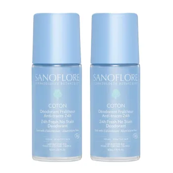 D&eacute;odorant fra&icirc;cheur coton anti-traces 24h bio Sanoflore - offre sp&eacute;ciale 2 roll-on de 50ml
