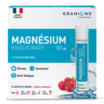 Magn&eacute;sium Bisglycinate 360mg go&ucirc;t framboise Granions - bo&icirc;te de 10 shots