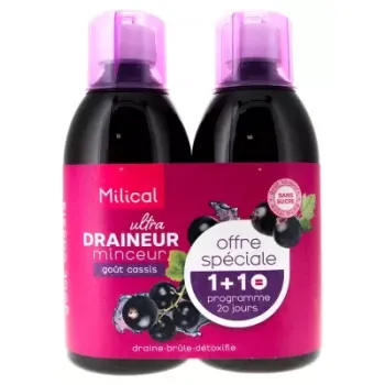 Draineur Ultra minceur go&ucirc;t cassis Milical - lot de 2 bouteilles de 500ml