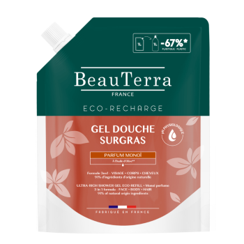 Gel douche surgras parfum mono&iuml; Beauterra - eco-recharge de 1L
