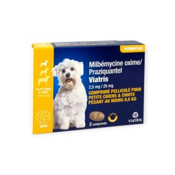 Milb&eacute;mycine Praziquantel Vermifuge petit chien et chiot +0,5kg ar&ocirc;me viande Viatris - boite de 2 comprim&eacute;s