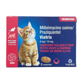 Milb&eacute;mycine Praziquantel Vermifuge petit chat et chaton +0,5kg ar&ocirc;me foie Viatris - boite de 2 comprim&eacute;s