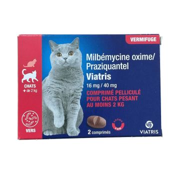 Milb&eacute;mycine Praziquantel Vermifuge chat +2kg ar&ocirc;me foie Viatris - boite de 2 comprim&eacute;s