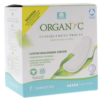 Serviettes hygi&eacute;niques nuit flux extra Organyc - boite de 7 serviettes