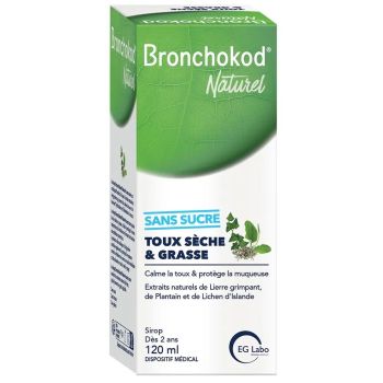 Bronchokod Naturel Sirop toux s&egrave;che et grasse sans sucre EG Labo - flacon de 120ml