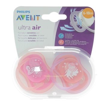 Sucette Ultra Air licorne/f&eacute;e 6-18 mois Philips Avent - boite de 2 sucettes