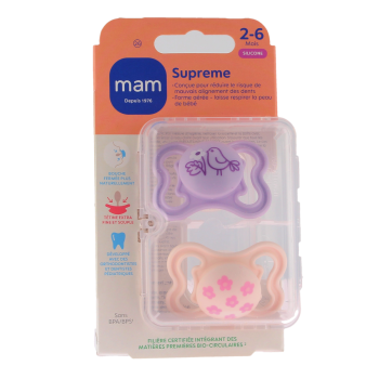 Sucettes Supreme 2-6 mois rose Mam - lot de 2 sucettes